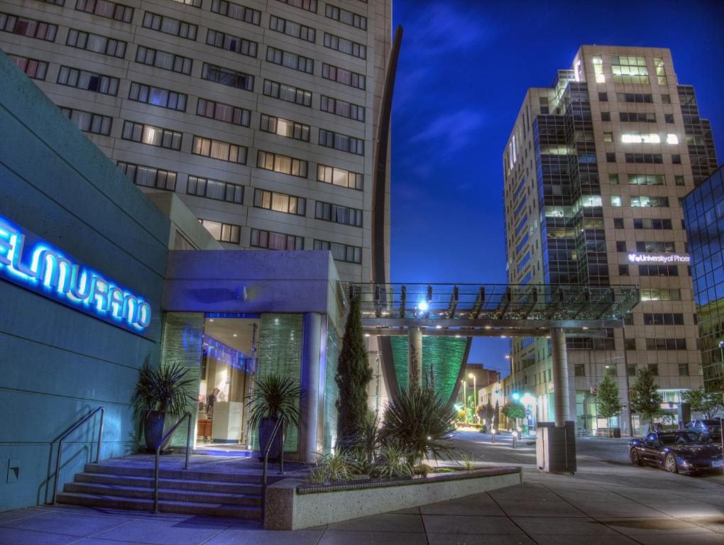 Hotel Murano entrance and glass canopy at night